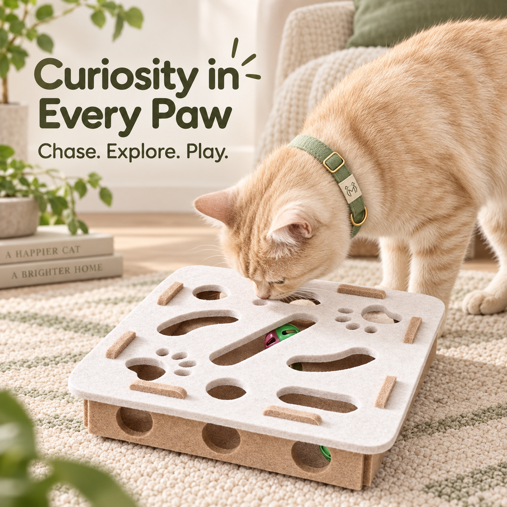 A ginger cat wearing a green collar investigates a white and natural wood cat puzzle toy on a beige rug in a cozy living room setting. Text on the left reads 'Curiosity in Every Paw'.