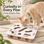 A ginger cat wearing a green collar investigates a white and natural wood cat puzzle toy on a beige rug in a cozy living room setting. Text on the left reads 'Curiosity in Every Paw'.