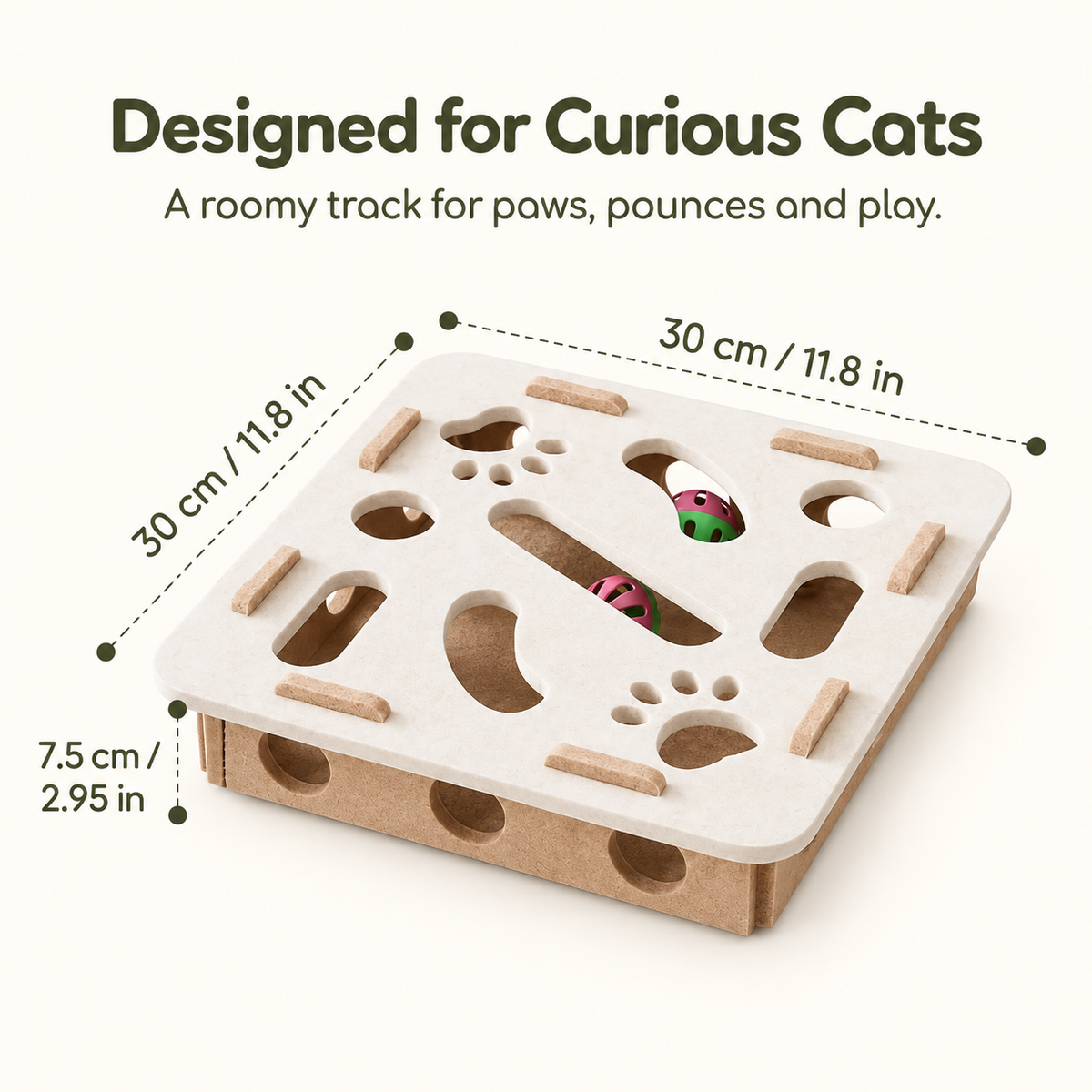 A wooden cat play track with measurement labels showing 30 cm by 30 cm by 7.5 cm dimensions, on a clean off-white background with the text 'Designed for Curious Cats'.