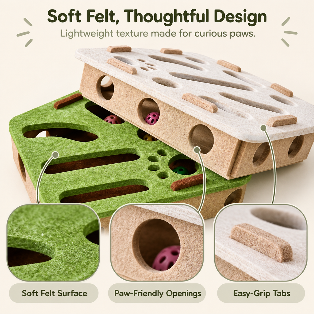 A wooden and felt cat play tower shown on a light beige background with marketing text at the top and three circular detail insets at the bottom. The product features a green felt-covered lower section with natural wood framing and a white wooden upper platform with cutout holes and small wooden grips.