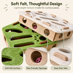 A wooden and felt cat play tower shown on a light beige background with marketing text at the top and three circular detail insets at the bottom. The product features a green felt-covered lower section with natural wood framing and a white wooden upper platform with cutout holes and small wooden grips.