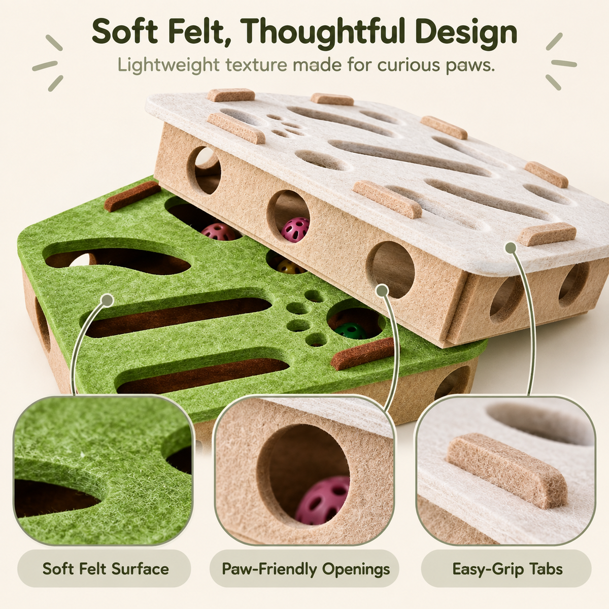 A wooden and felt cat play tower shown on a light beige background with marketing text at the top and three circular detail insets at the bottom. The product features a green felt-covered lower section with natural wood framing and a white wooden upper platform with cutout holes and small wooden grips.
