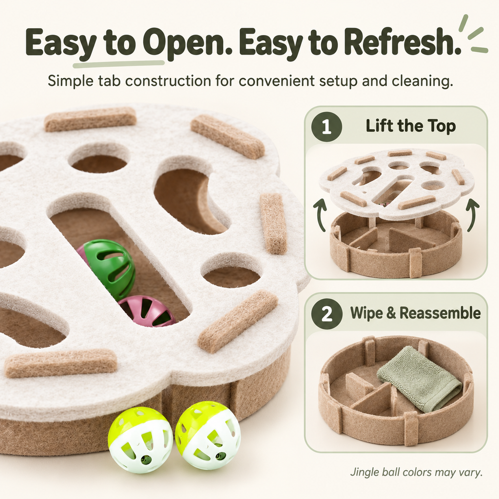 A felt cat puzzle toy with wooden sticks and colorful jingle balls, shown with instructional callouts for opening and cleaning. Large text reads 'Easy to Open.