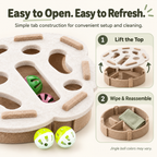 A felt cat puzzle toy with wooden sticks and colorful jingle balls, shown with instructional callouts for opening and cleaning. Large text reads 'Easy to Open.
