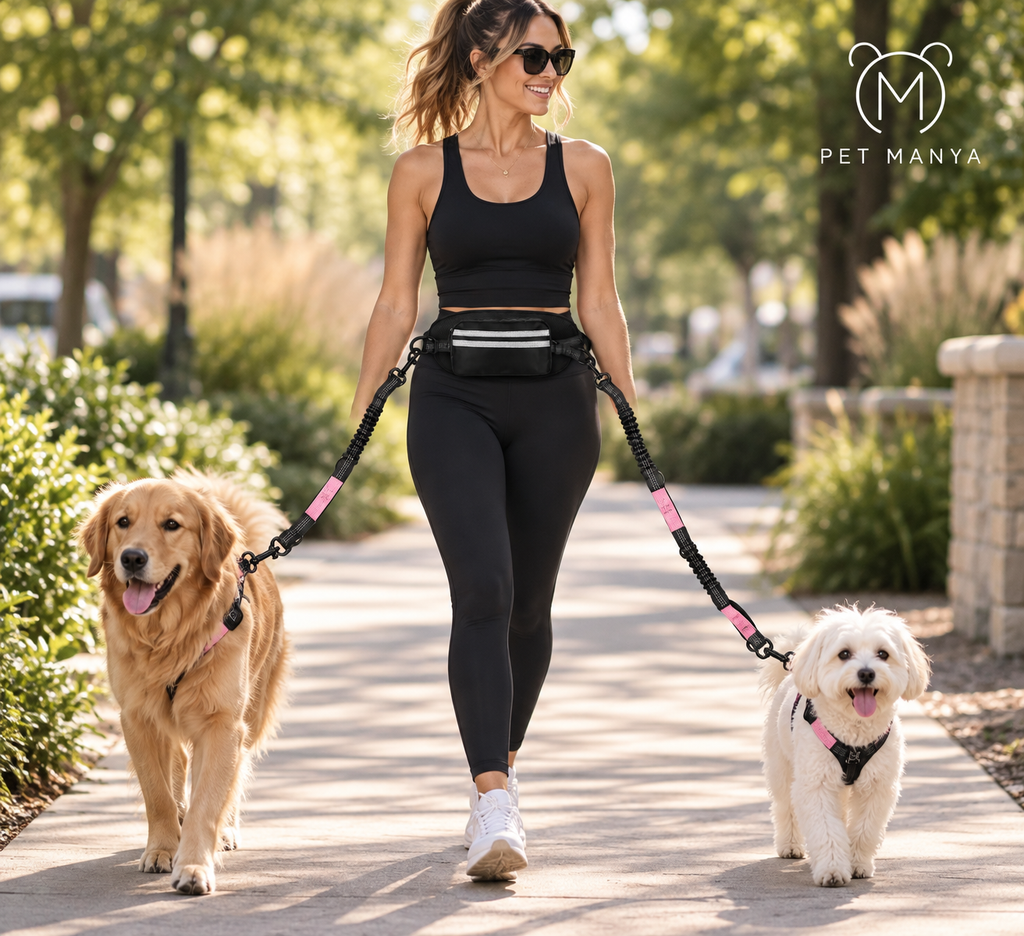 PETMANYA Reflective Hands-Free Running Double Leash in Purple - built for running and daily walking