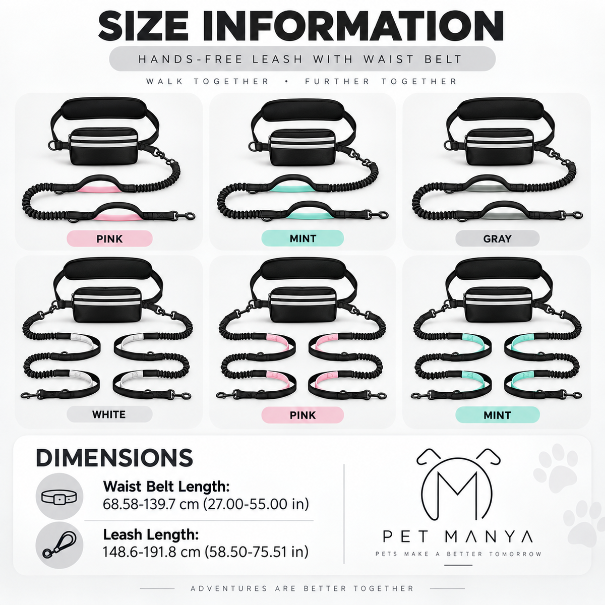 PETMANYA Reflective Hands-Free Running Leash - adjustable fit for comfortable wear