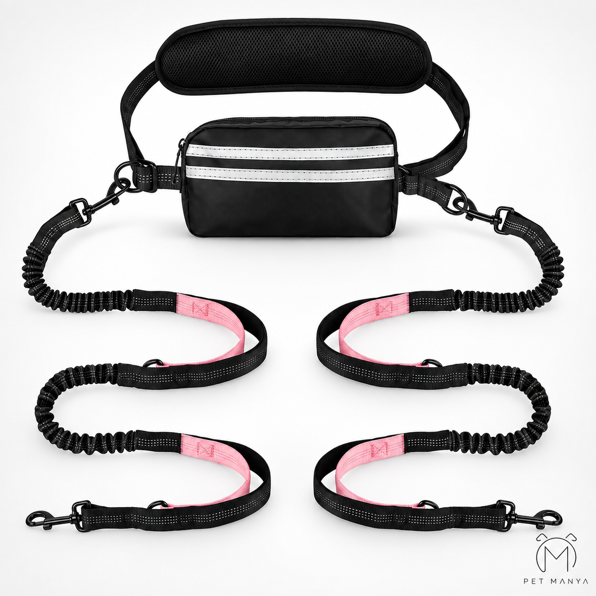 PETMANYA Reflective Hands-Free Running Double Leash in Pink - practical hands-free walking solution