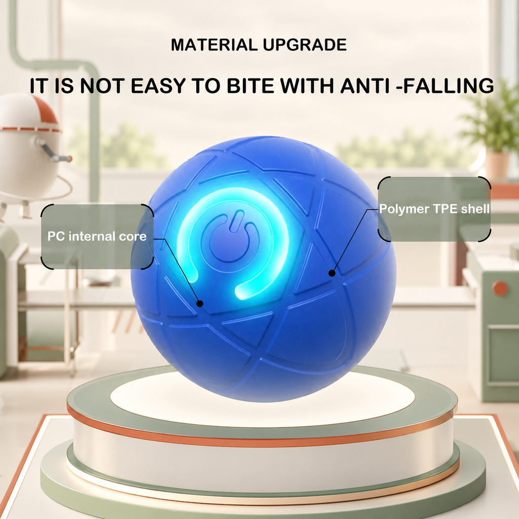 A blue spherical product floating on a white and gray pedestal in a clean studio-like setting. Text overlays describe material upgrade, anti-falling feature, PC internal core, and polymer TPE shell.