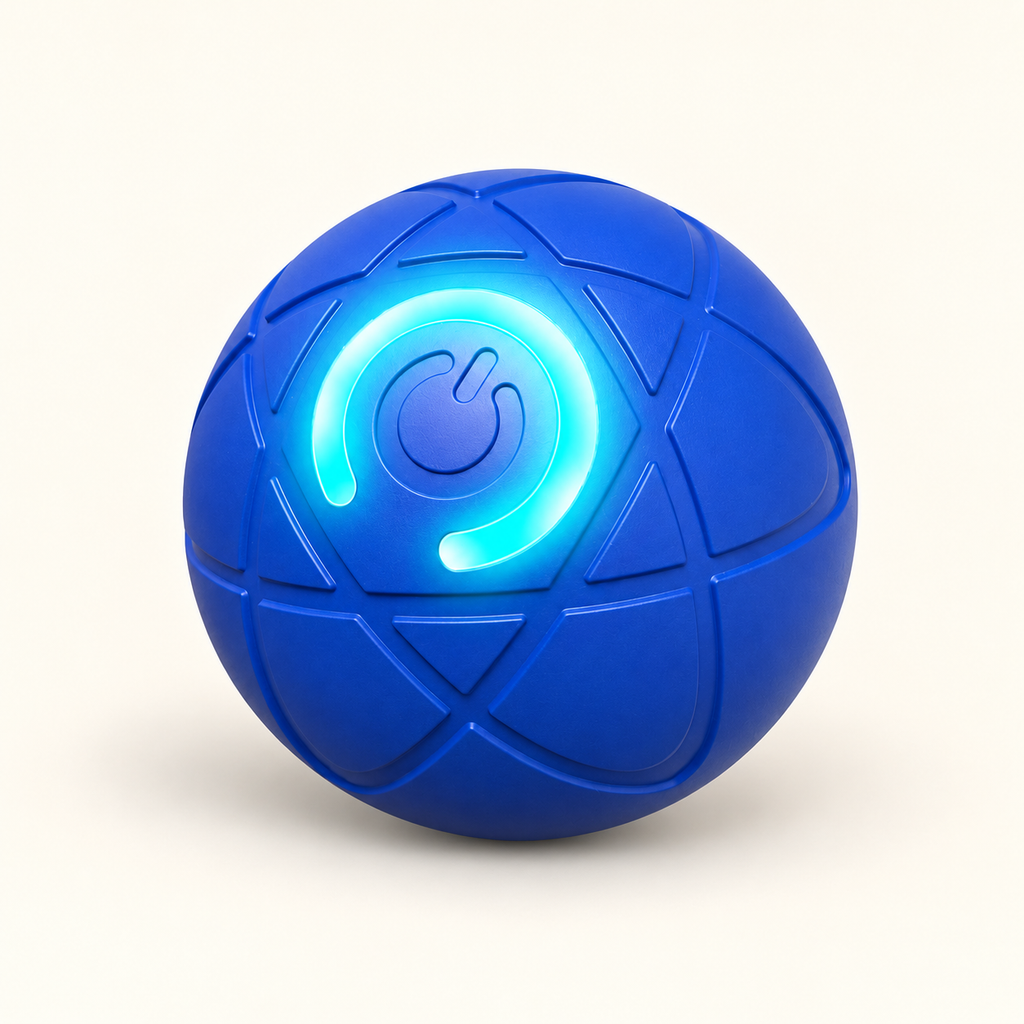 A blue spherical electronic toy or remote-controlled ball with a glowing cyan power symbol on the front, set against a plain off-white background.