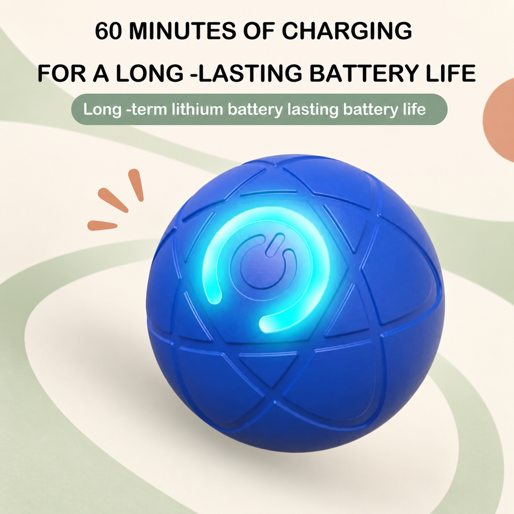 A blue spherical electronic toy or device with a glowing cyan circular light on the front, shown against a light beige and green abstract background with promotional text about battery life.