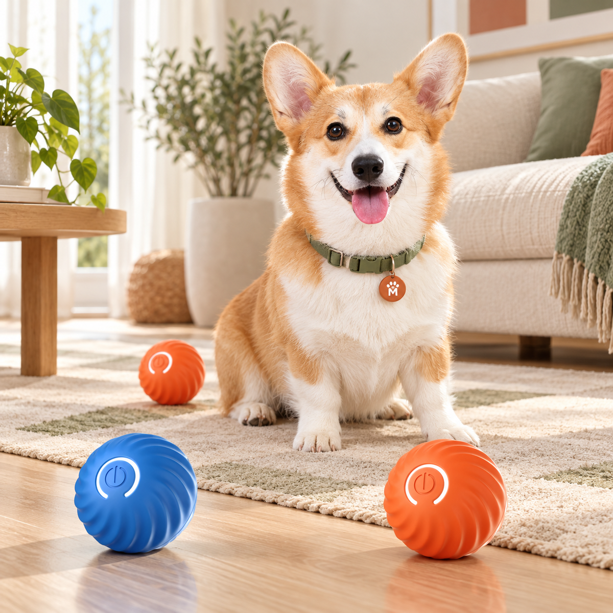 A corgi dog sits on a rug in a bright living room, surrounded by three colorful ribbed balls in blue and orange. The dog is wearing a green collar with a bone-shaped tag.