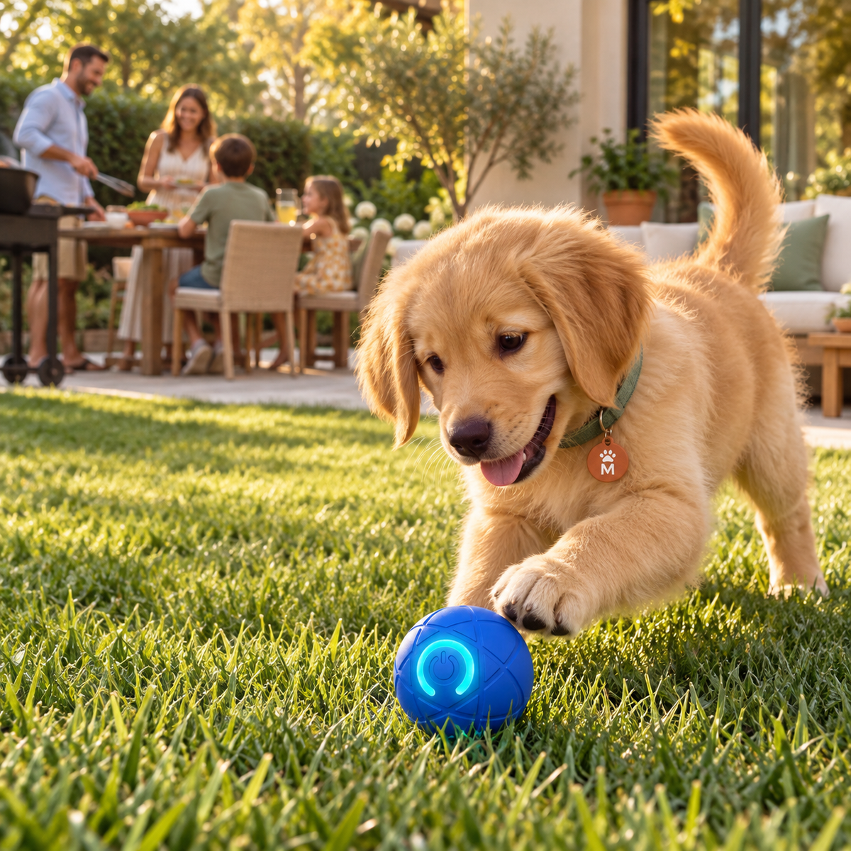 A golden retriever puppy plays with a blue ball on a green lawn, with a patio dining scene in the background.