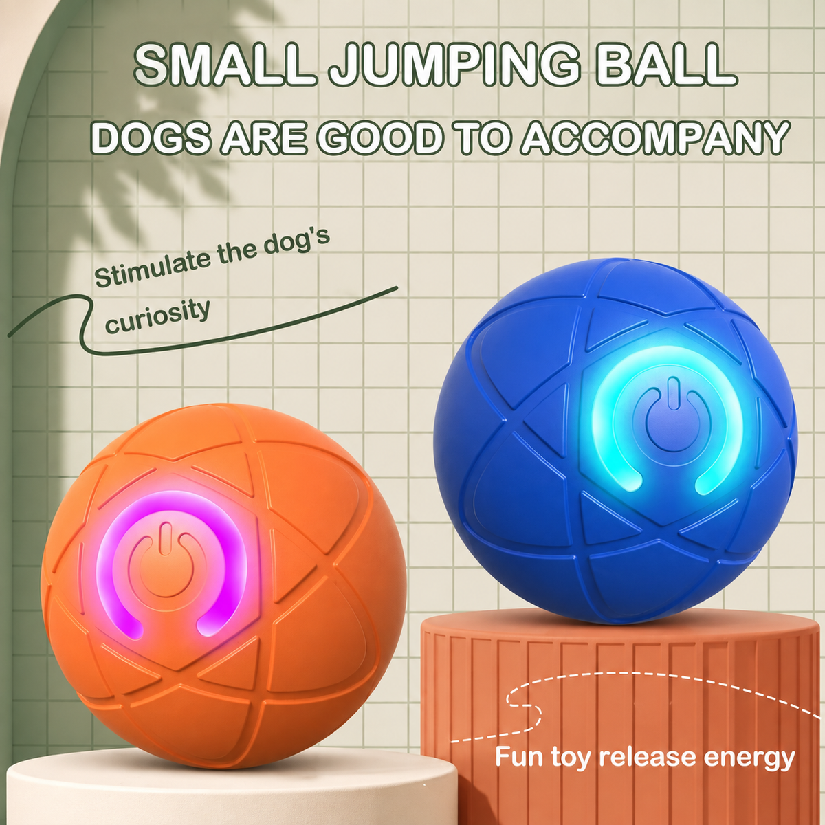 Two small glowing jumping balls, one orange with a pink-purple light and one blue with a cyan light, displayed on pedestals with marketing text about dogs and toy release energy.