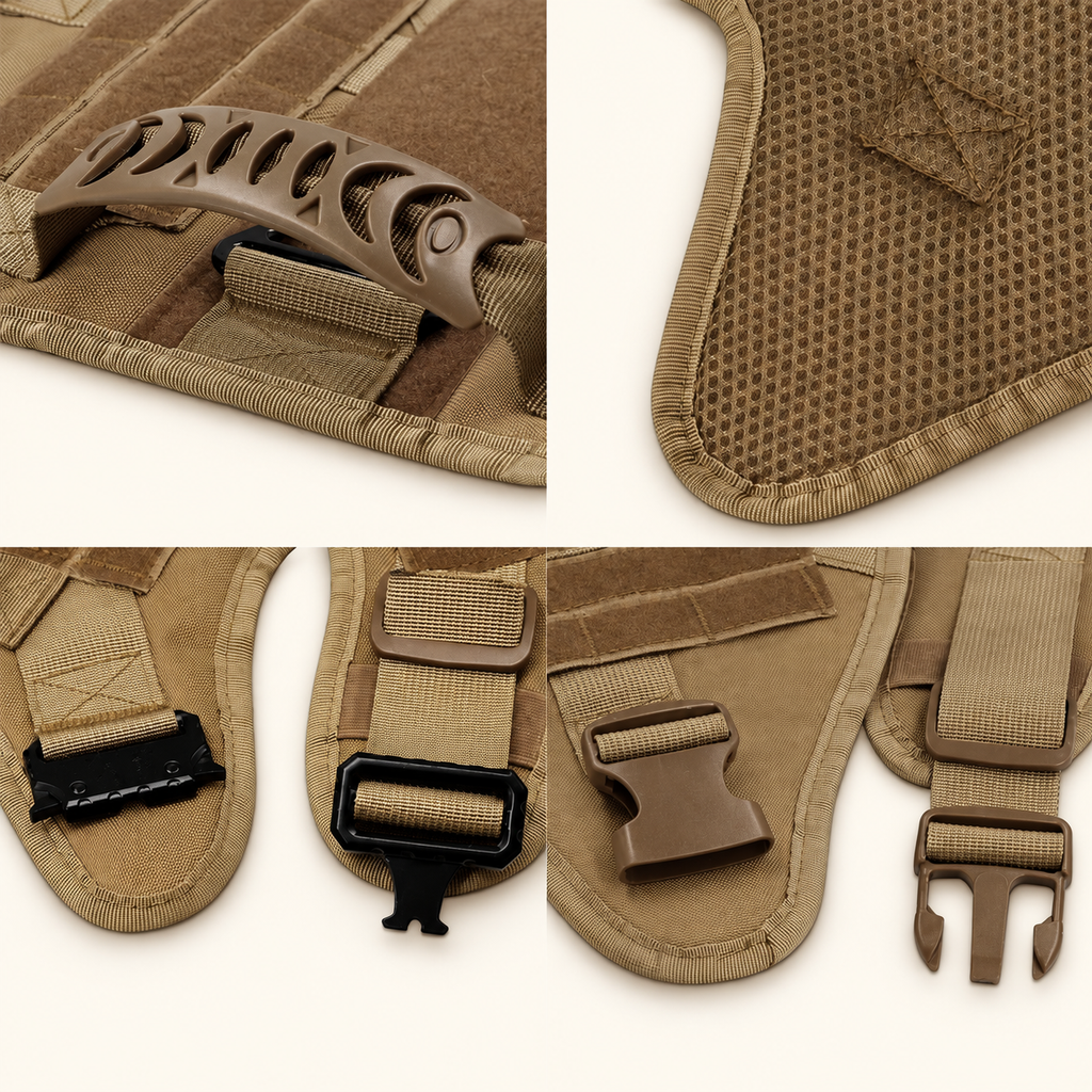 A multi-panel close-up collage showing details of a tan harness pad, including a molded brown handle, mesh fabric, hook-and-loop fastening, and several buckle options in tan and black.