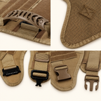 A multi-panel close-up collage showing details of a tan harness pad, including a molded brown handle, mesh fabric, hook-and-loop fastening, and several buckle options in tan and black.