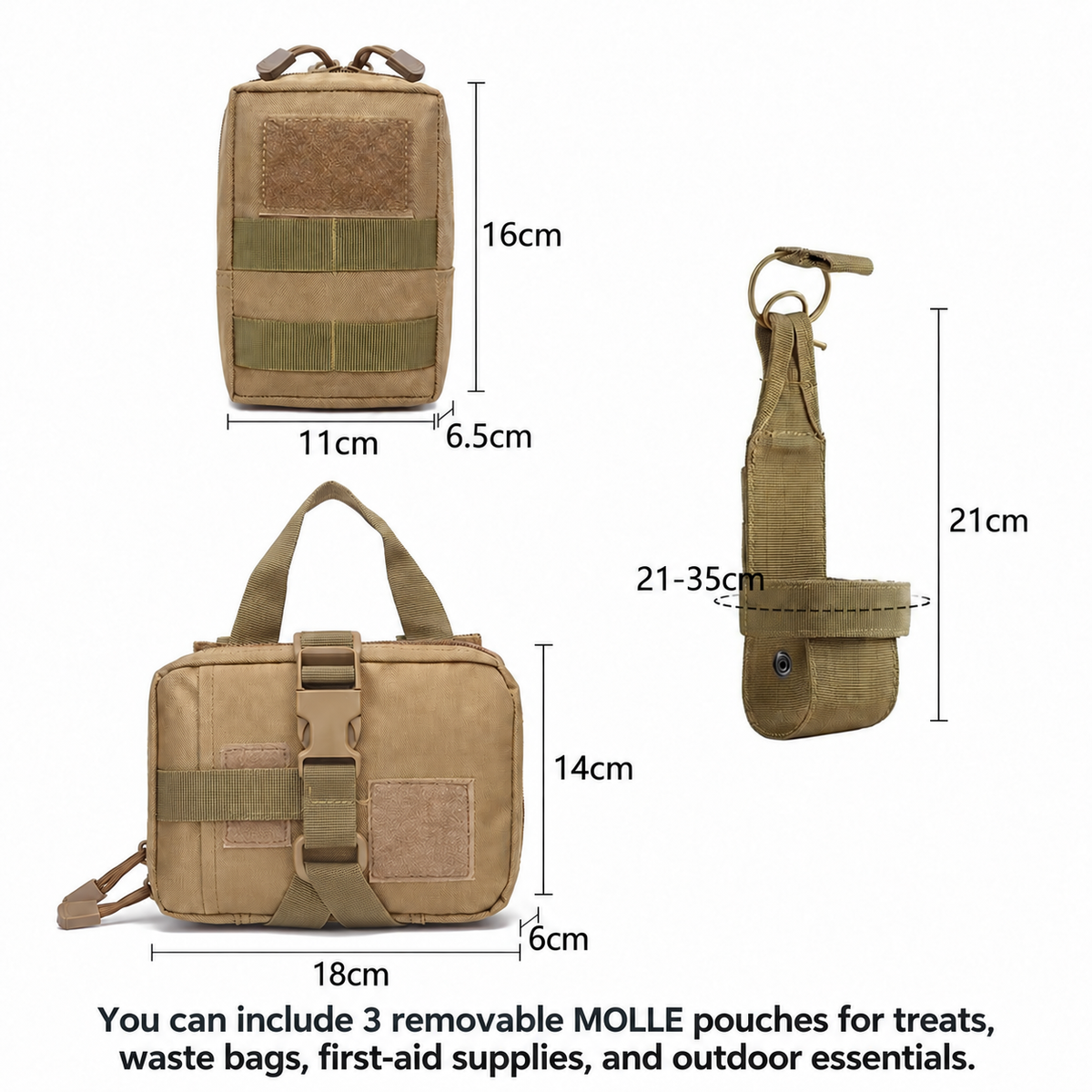 A product dimension diagram showing a tan removable utility pouch system from multiple angles with measurement labels and text noting that 3 removable pouches can be included.