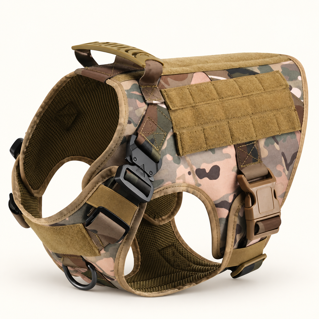 A tactical dog harness in a camouflage pattern of tan, brown, and green, featuring a padded chest panel with MOLLE webbing and adjustable plastic buckles.