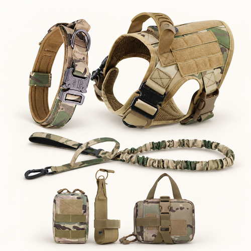An all-terrain dog gear set in rugged fabric, including a harness, collar, leash, small pouches, and a small bag, arranged on a plain light background.