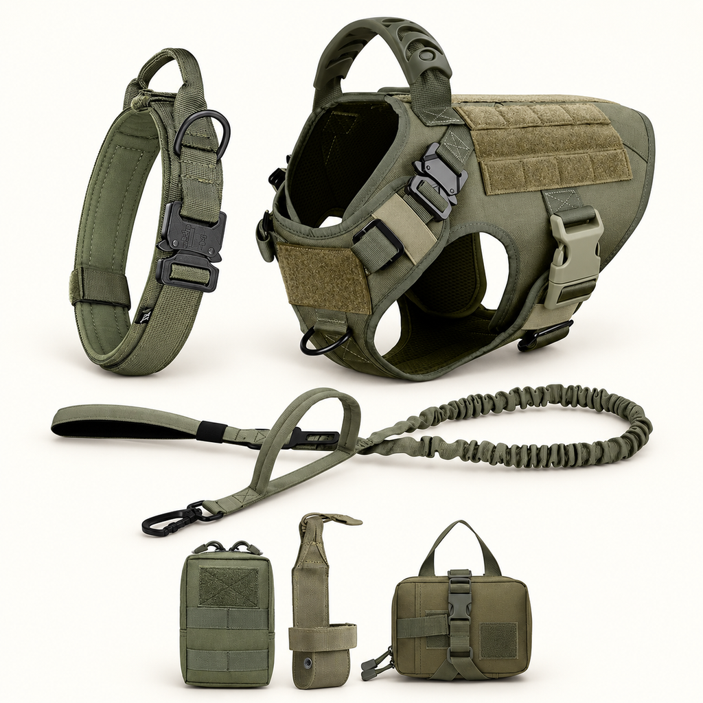 An olive green all-terrain dog gear set on a clean white background, including a dog harness, collar, leash with bungee cord, and three small utility pouches.