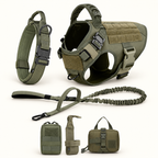An olive green all-terrain dog gear set on a clean white background, including a dog harness, collar, leash with bungee cord, and three small utility pouches.