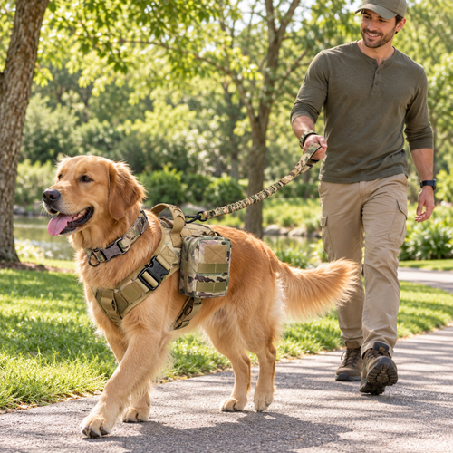 A golden retriever wearing an all-terrain no-pull harness with side pouches walks on a paved path with a man holding a leash in a sunny park setting.