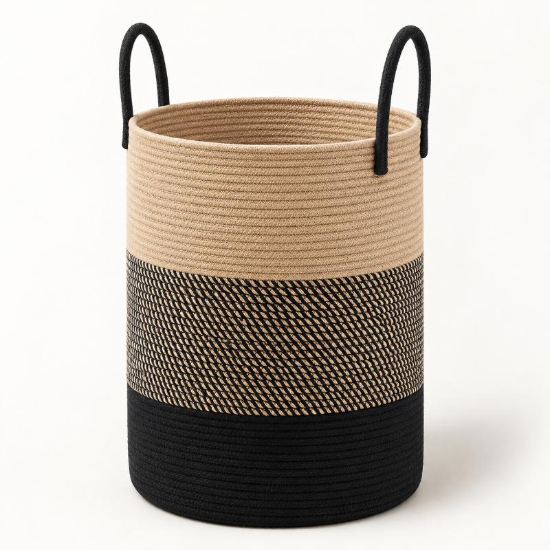 A cylindrical woven rope storage basket with two black loop handles, featuring a color-blocked design with a beige top section, a black and beige patterned middle section, and a solid black bottom section, set against a plain white background.