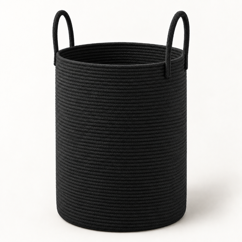 A black rope storage basket with two loop handles, shown on a clean white background.