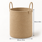 A natural beige rope storage basket with two loop handles, shown on a white background with dimension arrows indicating a height of 50 cm (20 in) and a width of 38 cm (15 in).