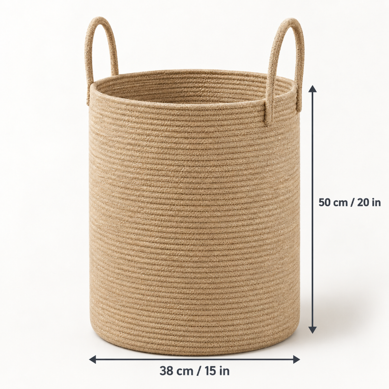 A natural beige rope storage basket with two loop handles, shown on a white background with dimension arrows indicating a height of 50 cm (20 in) and a width of 38 cm (15 in).