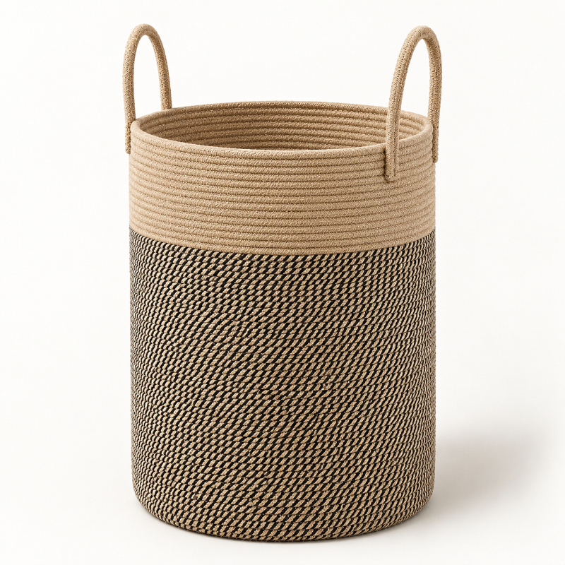 A cylindrical rope storage basket with two loop handles, featuring a two-tone design with a light beige top section and a darker brown textured bottom section, set against a plain white background.