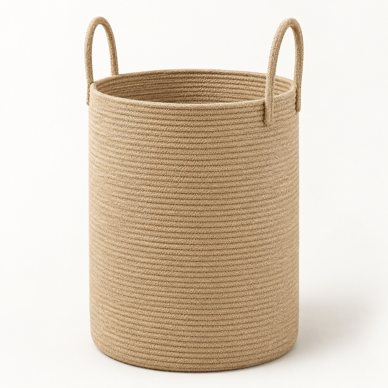A cylindrical woven rope storage basket in a natural tan color, featuring two loop handles on the sides, set against a plain white background.