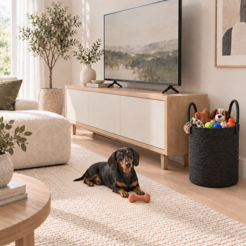 A black and tan dachshund lies on a light beige rug in a modern living room, next to a wooden TV stand with a television, a black woven basket filled with plush toys, and a cream sofa.