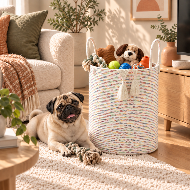 A pug lies on a cream rug in a bright living room beside a tall woven laundry basket filled with colorful dog toys and a plush dog toy. The basket has white handles and tassels, set in a warm, sunlit home environment.