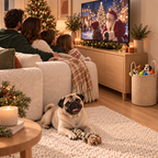 A cozy living room scene with a family sitting on a cream boucle sofa watching a Christmas TV show, with a pug lying on a white shag rug in the foreground. The room is decorated for Christmas with a tree, candles, plants, and toys.