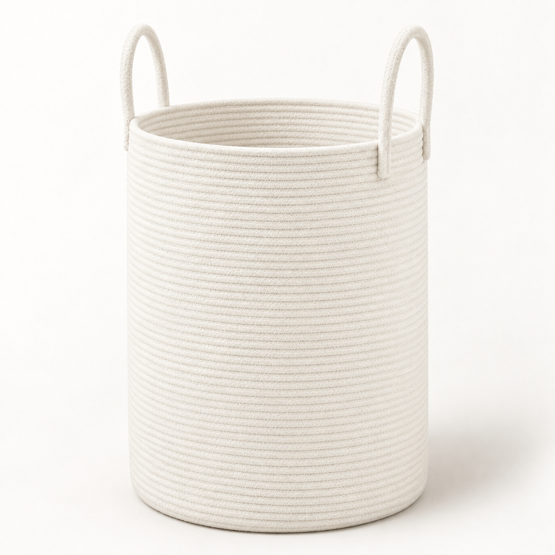 A cylindrical rope storage basket in off-white with two loop handles, shown on a clean white background.