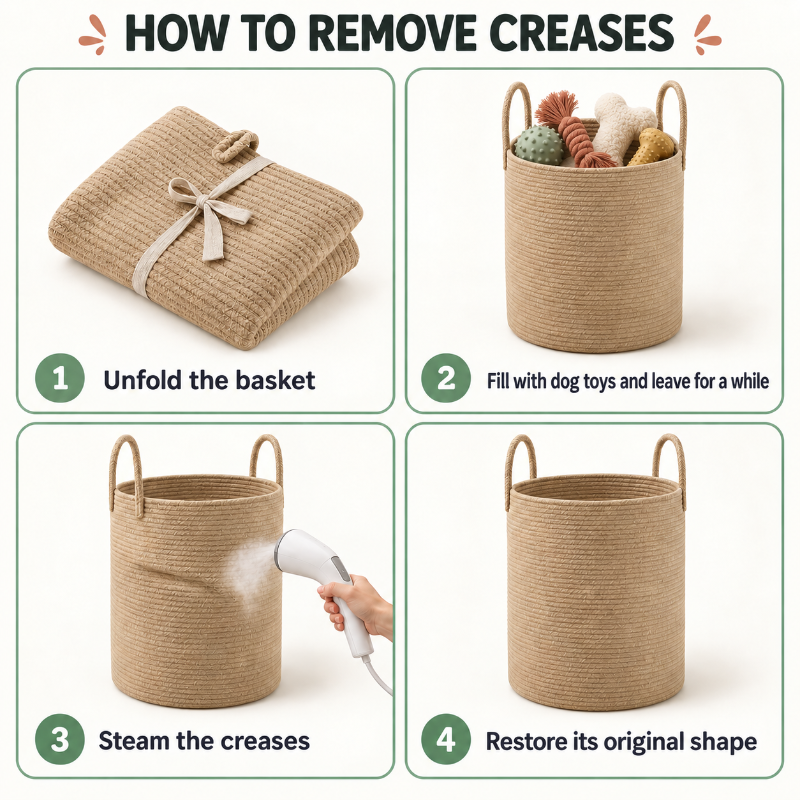 Instruction graphic titled 'HOW TO REMOVE CREASES' showing a rope-style storage basket in four numbered steps: unfold the basket, fill with dog toys, steam the creases, and restore its original shape.