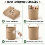 Instruction graphic titled 'HOW TO REMOVE CREASES' showing a rope-style storage basket in four numbered steps: unfold the basket, fill with dog toys, steam the creases, and restore its original shape.