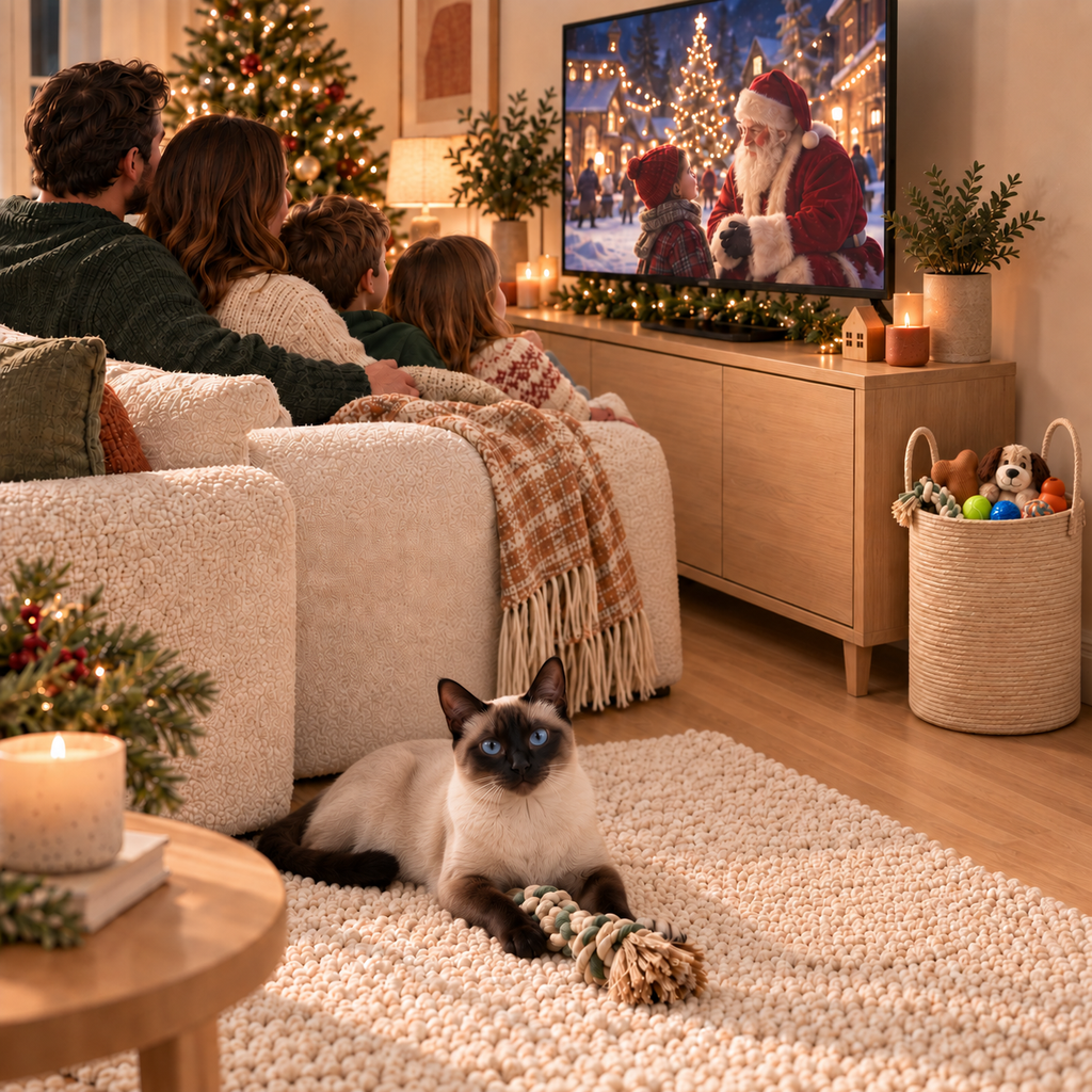 A cozy living room scene with a family sitting on a cream boucle sofa watching a Christmas tree show on TV, while a Siamese cat lies on a white rug nearby holding a rope toy. The room is decorated for Christmas with warm lighting, candles, plants, and toys.