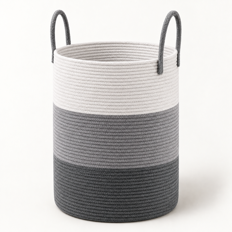 A rope storage basket with a three-tone gray and white striped design, featuring two dark gray loop handles on a clean white background.