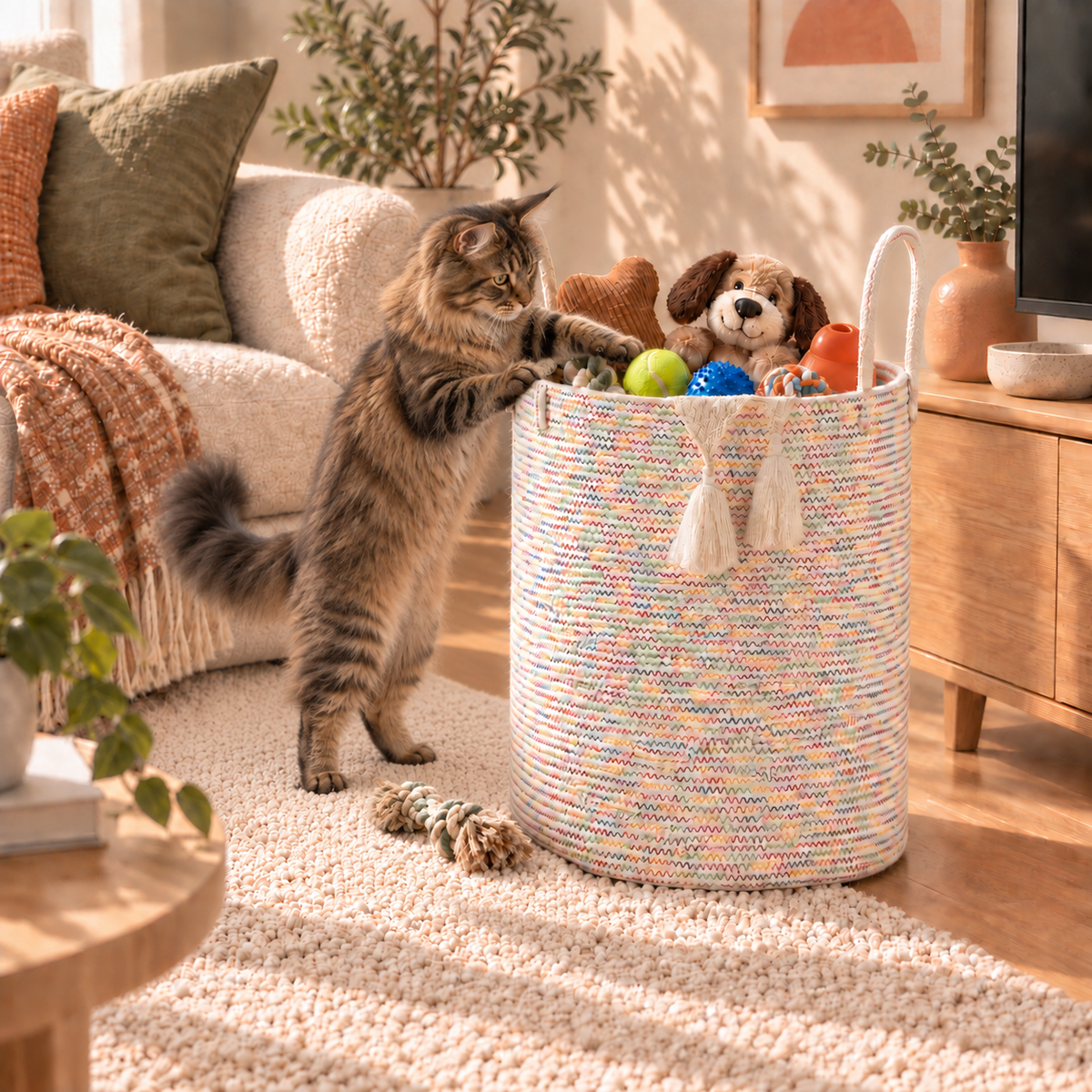 A fluffy tabby cat stands on its hind legs and places its paws on a woven pastel laundry basket filled with toys, in a bright, sunlit living room.