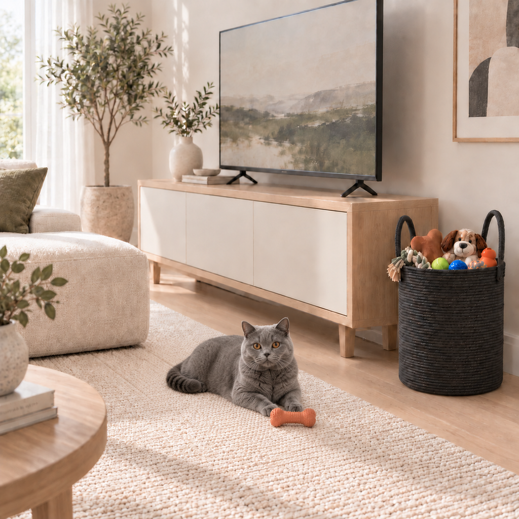 A gray cat lies on a woven area rug in a bright living room, with an orange bone toy in front of it. A light wood TV stand with white doors holds a television, next to a black woven basket filled with plush toys.